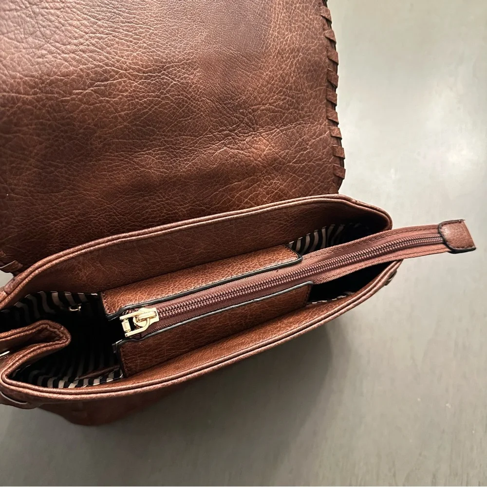 ALYSSA Faux Vegan Leather Whipstitch Brown Backpack New - Picture 6 of 13